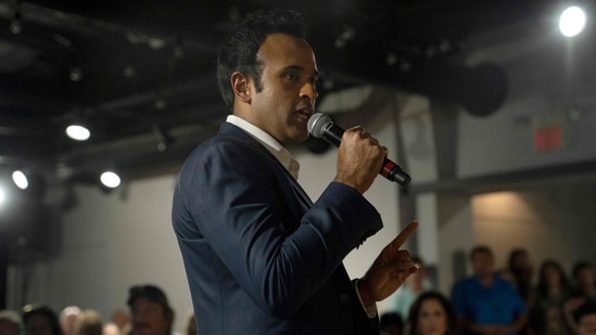 Vivek Ramaswamy, the former Republican presidential candidate, holds a town hall meeting at the Bushnell Event Center on September 19, 2024 in Springfield, Ohio. (Getty Images via AFP)