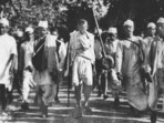 Mahatma Gandhi leads the Dandi march from Sabarmati to the Arabian Sea through the heartland of what is present-day Gujarat in 1930. The 24-day march to break the colonial salt laws was a part of the Civil Disobedience movement