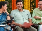 Delhi CM Atishi with fellow AAP leaders and ministers Saurabh Bharadwaj and Gopal Rai during her swearing-in ceremony, at Raj Niwas, in New Delhi, Saturday, Sept. 21, 2024. (PTI Photo/Kamal Singh) 