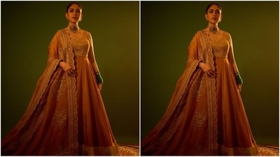 Her anarkali suit comes in a stunning orange shade and features a sweetheart neckline, adorned with golden embroidery all over, exuding real charm with a flared bottom. (Instagram/@mrunalthakur) Her anarkali suit comes in a stunning orange shade and features a sweetheart neckline, adorned with golden embroidery all over, exuding real charm with a flared bottom. (Instagram/@mrunalthakur)