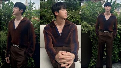 BTS star Jin made a sensational debut at the 2024 Milan Fashion Week, leaving fans in a frenzy. For his first appearance, Jin wowed in a striking brown and navy blue top that hinted at his broad chest, paired with brown trousers and sleek shoes for an unforgettable look. (Instagram) BTS star Jin made a sensational debut at the 2024 Milan Fashion Week, leaving fans in a frenzy. For his first appearance, Jin wowed in a striking brown and navy blue top that hinted at his broad chest, paired with brown trousers and sleek shoes for an unforgettable look. (Instagram)