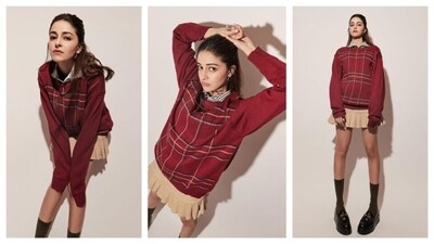 Ananya Panday slayed in a preppy academic aesthetic. She wore an oversized red sweater, with a collared shirt underneath. Her beige skirt had structured pleats. With a half-up, half-down hairstyle and black chunky loafers, her ensemble radiated cosy autumn vibes. (Instagram/@ananyapanday) Ananya Panday slayed in a preppy academic aesthetic. She wore an oversized red sweater, with a collared shirt underneath. Her beige skirt had structured pleats. With a half-up, half-down hairstyle and black chunky loafers, her ensemble radiated cosy autumn vibes. (Instagram/@ananyapanday)