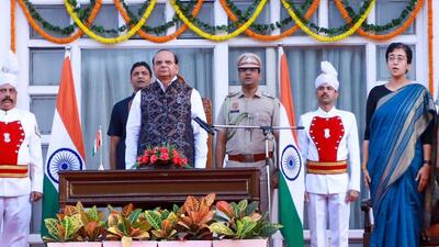 Atishi, at the oath-taking ceremony on Saturday. (HT Photo) Atishi, at the oath-taking ceremony on Saturday. (HT Photo)