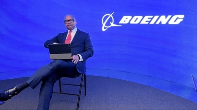 Former Boeing Defense, Space and Security CEO Ted Colbert speaks to reporters at the Australian International Airshow in Avalon, Australia, February 28, 2023. (Jamie Freed/Reuters)