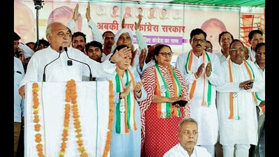 Former Haryana chief minister and Congress leader Bhupinder Singh Hooda addresses a rally in Jhajjar, Haryana, on Saturday. (ANI)