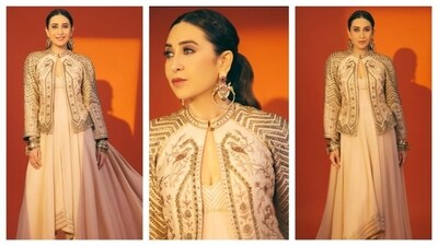 Karishma Kapoor looked regal in an anarkali-style beige gown. She layered with an embroidered jacket that added a touch of opulent elegance. In a ponytail, she accessorised with golden bangles and heavy earrings. Her entire ensemble exuded modern regality. (Instagram/@stylebyami) Karishma Kapoor looked regal in an anarkali-style beige gown. She layered with an embroidered jacket that added a touch of opulent elegance. In a ponytail, she accessorised with golden bangles and heavy earrings. Her entire ensemble exuded modern regality. (Instagram/@stylebyami)