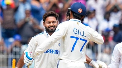 Rishabh Pant celebrates his century with Shubman Gill. (PTI) Rishabh Pant celebrates his century with Shubman Gill. (PTI)