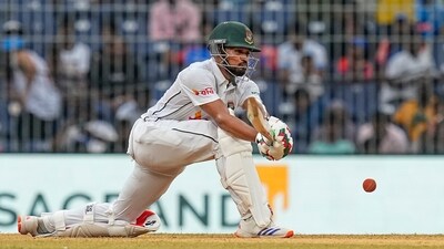 The visitors need 357 runs to win, with Najmul Hossain Shanto (51*) and Shakib Al Hasan (5*) to resume batting on Day 4. (PTI) The visitors need 357 runs to win, with Najmul Hossain Shanto (51*) and Shakib Al Hasan (5*) to resume batting on Day 4. (PTI)