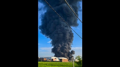 Smoke billows out after a fire broke out in a cardboard factory, in Kanpur Dehat, on Saturday (PTI)