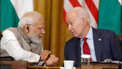 US President Joe Biden and Indian Prime Minister Narendra Modi meeting in the East Room of the White House in Washington, US, on June 23, 2023. Modi is on a three-day visit to the US during which he will attend the Quad summit in Delaware and address the Summit of the Future at the UN General Assembly in New York. (Reuters file) US President Joe Biden and Indian Prime Minister Narendra Modi meeting in the East Room of the White House in Washington, US, on June 23, 2023. Modi is on a three-day visit to the US during which he will attend the Quad summit in Delaware and address the Summit of the Future at the UN General Assembly in New York. (Reuters file)