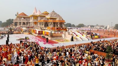 A file photo of the gathering during the consecration ceremony of Ram Temple in Ayodhya on January 22. (ANI) A file photo of the gathering during the consecration ceremony of Ram Temple in Ayodhya on January 22. (ANI)