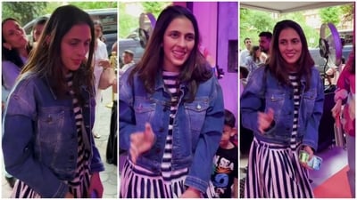Recently spotted at a kids' event, Shloka Mehta wore a stylish striped dress with a trendy denim jacket. (Instagram/@viralbhayani) Recently spotted at a kids' event, Shloka Mehta wore a stylish striped dress with a trendy denim jacket. (Instagram/@viralbhayani)