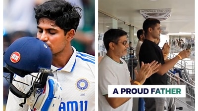 Shubman Gill's father gives priceless reaction from Chepauk stands after son smashes century against Bangladesh Shubman Gill's father gives priceless reaction from Chepauk stands after son smashes century against Bangladesh