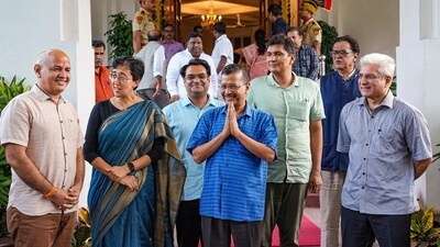 Delhi Chief Minister Atishi with former CM Arvind Kejriwal and former deputy CM Manish Sisodia leaves after her swearing-in ceremony, in New Delhi, Saturday, Sept. 21, 2024. Delhi ministers Saurabh Bharadwaj, Kailash Gahlot and Mukesh Ahlawat are also seen. (PTI) Delhi Chief Minister Atishi with former CM Arvind Kejriwal and former deputy CM Manish Sisodia leaves after her swearing-in ceremony, in New Delhi, Saturday, Sept. 21, 2024. Delhi ministers Saurabh Bharadwaj, Kailash Gahlot and Mukesh Ahlawat are also seen. (PTI)
