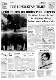 Hours after Indira Gandhi's death, anti-Sikh riots broke out in different parts of the country — the front page of the paper’s coverage.