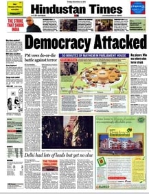 The front page of the paper describing the audacious attack on the Parliament in 2001 (HT ARCHIVE)