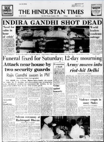 The front page of HT after Prime Minister Indira Gandhi’s assassination on October 31, 1984;