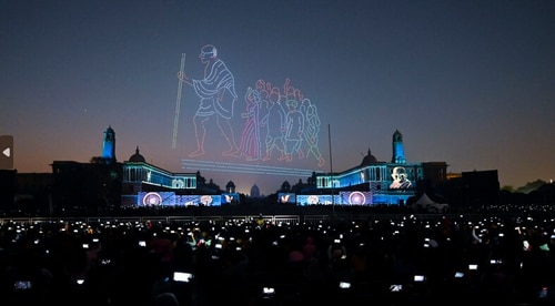 A laser and drone light show in January 2023 depicts Mahatma Gandhi leading freedom fighters. (HT Archive/Raj K Raj)