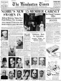 The front page of Hindustan Times on May 14, 1952 after Jawaharlal Nehru becomes the first PM of a democratically elected government.