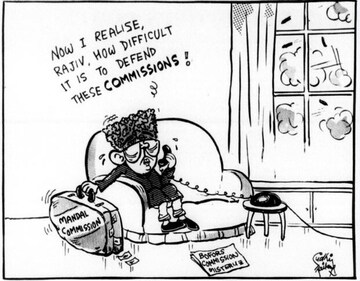 A Sudhir Tailang cartoon on Prime Minister VP Singh’s travails after he announced the roll-out of the Mandal Commission (HT ARCHIVE)
