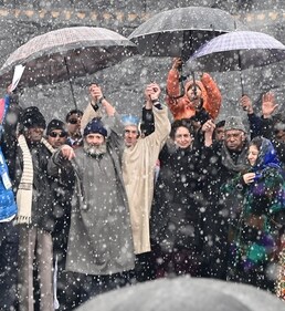 Congress leader Rahul Gandhi with opposition leaders Omar Abdullah, Mehbooba Mufti, D Raja and Congress president Mallikarjun Kharge during the Bharat Jodo Nyay Yatra in Kashmir in 2023. (HT ARCHIVE) Congress leader Rahul Gandhi with opposition leaders Omar Abdullah, Mehbooba Mufti, D Raja and Congress president Mallikarjun Kharge during the Bharat Jodo Nyay Yatra in Kashmir in 2023. (HT ARCHIVE)