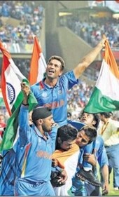 Team India carries Sachin Tendulkar after winning the 2011 Cricket World Cup in Mumbai (SANTOSH HARHARE/HT ARCHIVE)