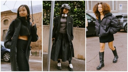 Monochromatic black dominated street style fashion during Milan Fashion Week (Instagram) Monochromatic black dominated street style fashion during Milan Fashion Week (Instagram)