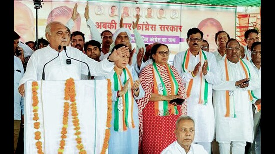 Former Haryana chief minister and Congress leader Bhupinder Singh Hooda addresses a rally in Jhajjar, Haryana, on Saturday. (ANI)