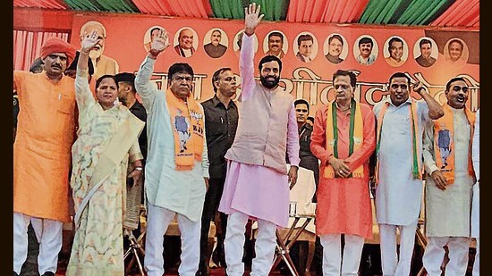 Haryana CM Nayab Singh Saini campaigning for BJP’s Panchkula candidate Gian Chand Gupta in Barwala on Saturday. (HT Photo)