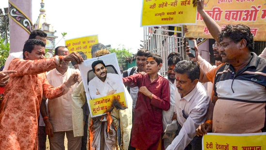 Tirupati laddu controversy LIVE updates: Sanskriti Bachao Manch activists burn an effigy during a protest against the alleged use of animal fat in the preparation of laddoos as offerings at Tirupati Balaji temple in Bhopal on September  20.