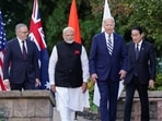 U.S. President Joe Biden, Japan's Prime Minister Fumio Kishida, Australia's Prime Minister Anthony Albanese and India's Prime Minister Narendra Modi arrive for a Cancer Moonshot announcement at the Quad leaders summit in Claymont, Delaware, U.S., September 21, 2024. REUTERS/Kevin Lamarque