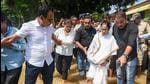 West Bengal chief minister Mamata Banerjee during a visit to a flood affected area in Medinipur district on September 19. (HT Photo)