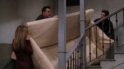 Ross’ sofa: In season five, episode 16, Ross brings a new sofa. He asks Rachel and Chandler to help him move it into his building. After his hand-drawn instructions prove futile, Ross decides to shout the word 'pivot' repeatedly at these friends. His command is met with Chandler repeatedly saying, ‘Shut up.’ 