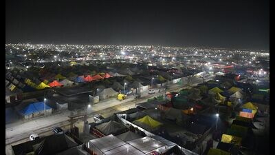 A night view of the tent city set up on banks of Sangam in Prayagraj (HT File) A night view of the tent city set up on banks of Sangam in Prayagraj (HT File)