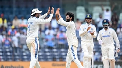 Ravindra Jadeja had Litton Das caught in the slip and returned to end Shanto's defiant knock as Bangladesh collapsed in a heap to lose with five sessions to spare. (AFP) Ravindra Jadeja had Litton Das caught in the slip and returned to end Shanto's defiant knock as Bangladesh collapsed in a heap to lose with five sessions to spare. (AFP)