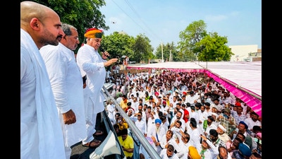Congress leader Bhupinder Singh Hooda during campaign in village Chautala in support of the party candidate Amit Sihag from Dabwali in Sirsa district on Sunday. (PTI) Congress leader Bhupinder Singh Hooda during campaign in village Chautala in support of the party candidate Amit Sihag from Dabwali in Sirsa district on Sunday. (PTI)