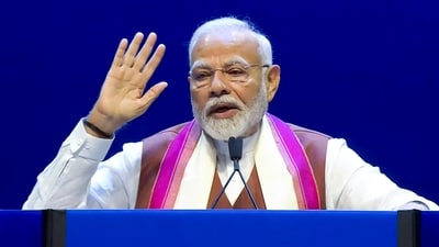 Prime Minister Narendra Modi addresses the Indian diaspora during a programme, in New York on Sunday. (PTI)