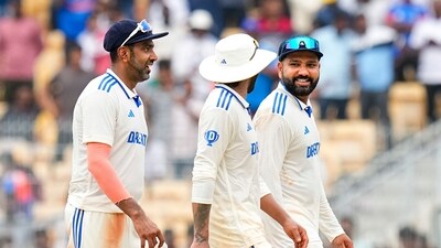 India's Captain Rohit Sharma and Ravichandran Ashwin and Ravindra Jadeja after their win against Bangladesh in the first Test cricket match at M. A. Chidambaram Stadium, in Chennai, Sunday, Sept. 22, 2024 (PTI) India's Captain Rohit Sharma and Ravichandran Ashwin and Ravindra Jadeja after their win against Bangladesh in the first Test cricket match at M. A. Chidambaram Stadium, in Chennai, Sunday, Sept. 22, 2024 (PTI)