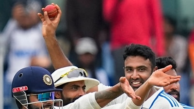 India's Ravichandran Ashwin shows the ball after taking 5-wicket haul on the fourth day of the first Test cricket match between India and Bangladesh, at MA Chidambaram Stadium in Chennai, Sunday (PTI) India's Ravichandran Ashwin shows the ball after taking 5-wicket haul on the fourth day of the first Test cricket match between India and Bangladesh, at MA Chidambaram Stadium in Chennai, Sunday (PTI)