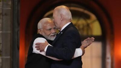 President Joe Biden talks with India's Prime Minister Narendra Modi as he leaves the Quad leaders summit at Archmere Academy in Claymont, Del., Saturday. (AP)
