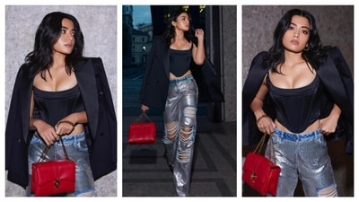 Rashmika Mandanna aced the distressed pants and corset top look at Milan Fashion Week. (Instagram/@rashmika_mandanna) Rashmika Mandanna aced the distressed pants and corset top look at Milan Fashion Week. (Instagram/@rashmika_mandanna)