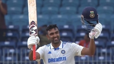 R Ashwin celebrating his century against Bangladesh in Chennai. (JioCinema) R Ashwin celebrating his century against Bangladesh in Chennai. (JioCinema)