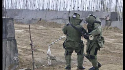 bomb suit, or blast suit, is known as an explosive ordnance disposal (EOD) suit. (SourcedB) bomb suit, or blast suit, is known as an explosive ordnance disposal (EOD) suit. (SourcedB)