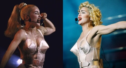 Madonna debuted the cone bra, crafted by Jean Paul Gaultier, during her Blonde Ambition Tour in 1990 Madonna debuted the cone bra, crafted by Jean Paul Gaultier, during her Blonde Ambition Tour in 1990