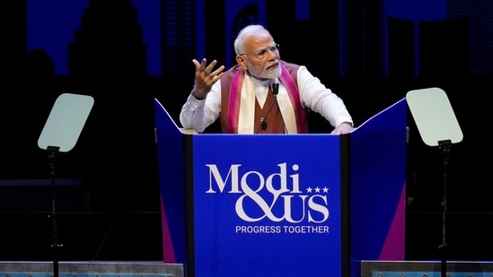 Prime Minister of India Narendra Modi speaks at an event in Uniondale, N.Y., Sunday, Sept. 22, 2024. (AP)