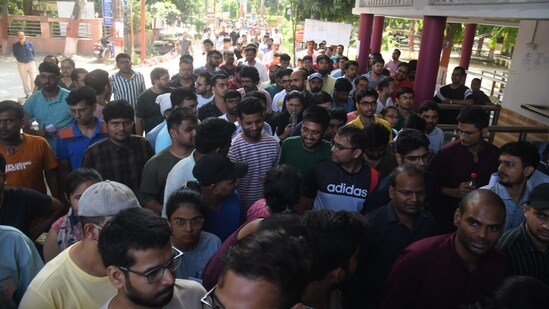 The candidates were frisked by police personnel before entering the examination center to appear for the Civil Services (Main) Examination.&nbsp;(Photo Credits: Santosh Kumar)