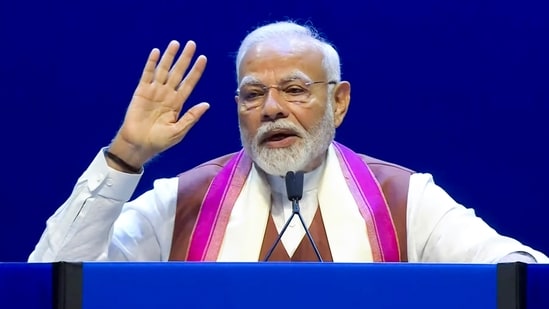 Prime Minister Narendra Modi addresses the Indian diaspora during a programme, in New York on Sunday. (PTI)