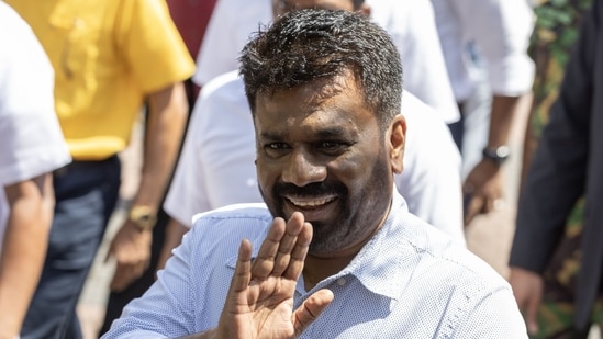 Anura Kumara Dissanayake, presidential candidate for the National People's Power (NPP) party, greets supporters at a polling station during the presidential election, in Colombo, Sri Lanka, on Saturday, Sept 21, 2024. (Bloomberg)