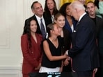 Joe Biden shook hands with several young girls at the event honoring the Gotham FC women’s soccer team.