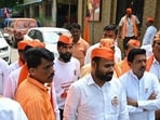 CM Eknath Shinde and other leaders met a delegation of Marathas from Pune at Azad Maidan, where a sit-in protest was started on Saturday out of concern for Jarange-Patil’s deteriorating health. (Raju Shinde/HT Photo)